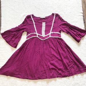 entro Plum Purple Lightweight Lace Trim 3/4 Bell Sleeve Babydoll Peasant Tunic